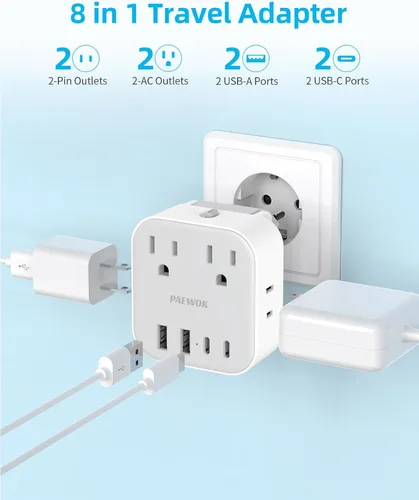 Miniatura 3 de Juego de adaptadores de enchufe de viaje europeo, adaptador de viaje 8 en 1 con 4 tomas, 4 puertos USB (2 USB C), adaptador de viaje universal