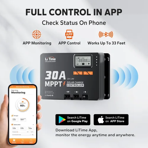 Miniatura 4 de LiTime 30 Amp MPPT 12V/24V/Auto CC de entrada controlador de carga solar, módulo Bluetooth incorporado, pantalla LCD con parámetros ajustables