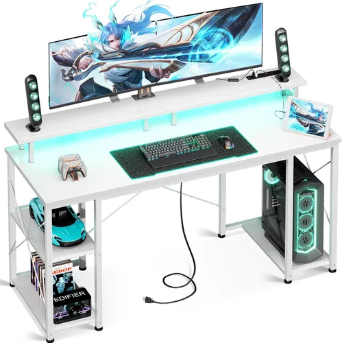 Miniatura 10 de ODK Escritorio gamer de 48 pulgadas con luces LED y enchufes, escritorio para computadora con soporte para monitor y estantes de almacenamiento
