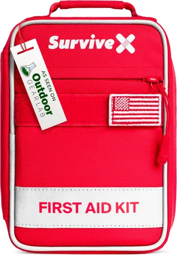 SurviveX Pequeño kit de primeros auxilios para automóvil, viajes y hogar – Kit de emergencia para senderismo, camping, mochilero y al aire libre –