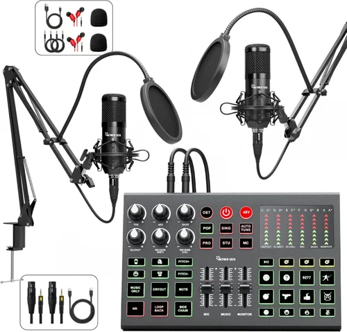 Paquete de equipo de podcast para 2, mezclador de interfaz de audio con micrófonos de condensador, cancelación de ruido, cambio de voz, fantasma de