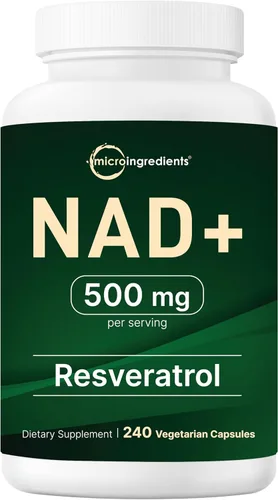 Micro Ingredients NAD+ 500 mg con resveratrol, 240 cápsulas vegetales | Suplemento NAD 2 en 1 para mujeres y hombres | Alternativa NMN Pathway | Sin