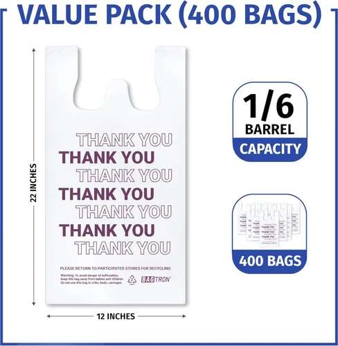 Miniatura 6 de Bolsas de transporte de camisetas de Bagtron con la frase "Thank You", bolsas de plástico desechables con asas para compras y restaurantes, 1/6