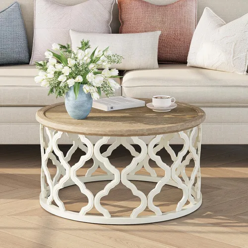Miniatura 14 de Mesa de centro estilo casa de campo Karlott, mesa de café redonda de estilo campestre francés, mesa de café costera con parte superior desgastada