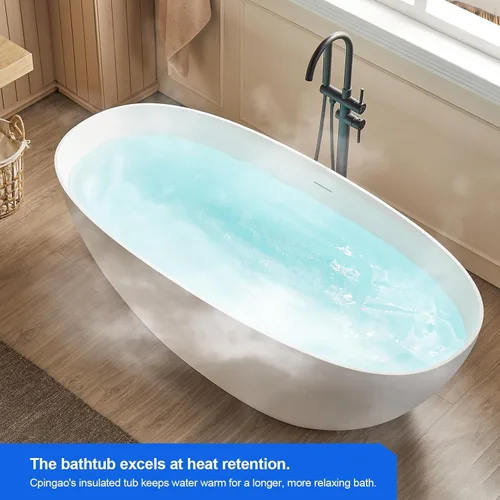Miniatura 5 de Cpingao Bañera independiente de superficie sólida de 63", bañera de remojo moderna de forma ovalada, bañera independiente de resina de piedra