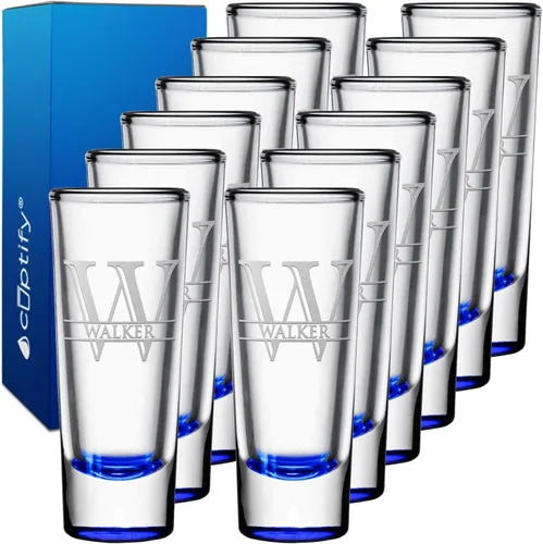 Miniatura 70 de Vaso de chupito personalizado con fondo verde azulado personalizado de 2 oz, vasos de chupito cordial con inicial en script dividido y nombre