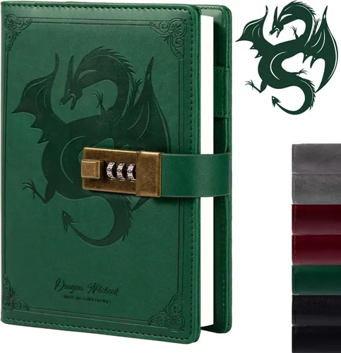 Miniatura 10 de TIEFOSSI Diario de Cuero Dragón, Cuaderno de Tapa Dura, Diario Recargable con Cerradura, Cuadernos de Escritura con Papel Rayado/En Blanco