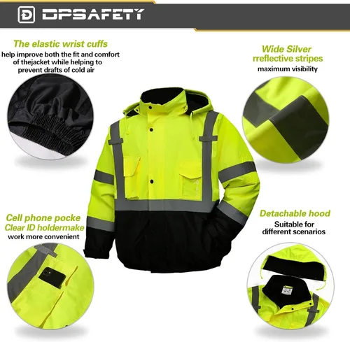 Miniatura 3 de Chaqueta de seguridad para hombre, chaqueta reflectante con capucha de alta visibilidad, chaqueta bomber de alta visibilidad con bolsillos y Lima