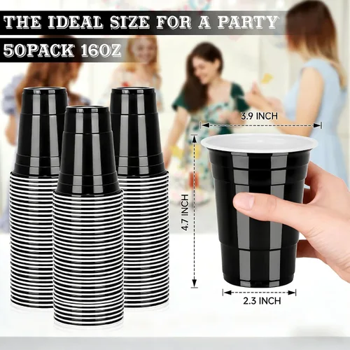 Miniatura 2 de Paquete de 50 vasos de plástico negros de 16 onzas, suministros para fiestas, copas de celebración de primavera de Pascua, vasos desechables