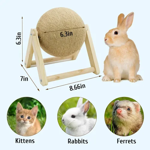 Miniatura 3 de Fhiny Juguete rascador de conejo, bola rascador de sisal de madera maciza natural para gatitos de interior, bola rascador de garras para gatitos