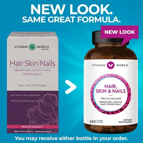 Miniatura 3 de Vitamin World Cápsulas de Fórmula 240 para cabello, piel y uñas, colágeno tipo I y III, 3000mcg de biotina, antioxidante, recubierto, sin gluten