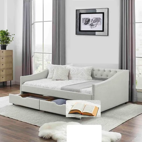 Miniatura 6 de Sofá cama individual con 2 cajones, moderno sofá cama tapizado con botón en la espalda y clavos de cobre en los brazos, sofá cama, marco de cámara