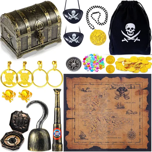 Sratte 116 piezas de juguetes del tesoro pirata, caja del tesoro con monedas, joyas, gemas y mapa, telescopio para niños y niñas, regalos de