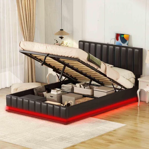 Miniatura 5 de Marco de cama de almacenamiento elevado con luz LED, enchufes, puertos USB, moderna plataforma tapizada completa con sistema de almacenamiento