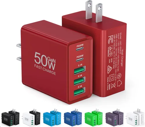 Miniatura 9 de [Paquete de 2] Cargador de pared USB C, bloque de cargador USB C de 50 W, bloques de carga rápida PD de 5 puertos, 2USB C + 3USB A enchufe
