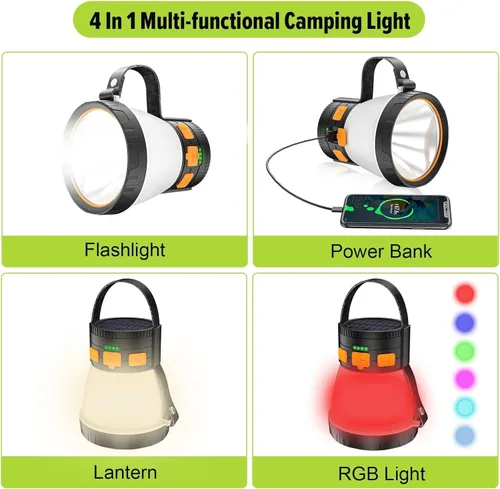 Miniatura 3 de Paquete de 2 linternas LED para campamento, 1500 lúmenes, linterna de campamento recargable con carga de panel solar, impermeable, 8 modos de luz