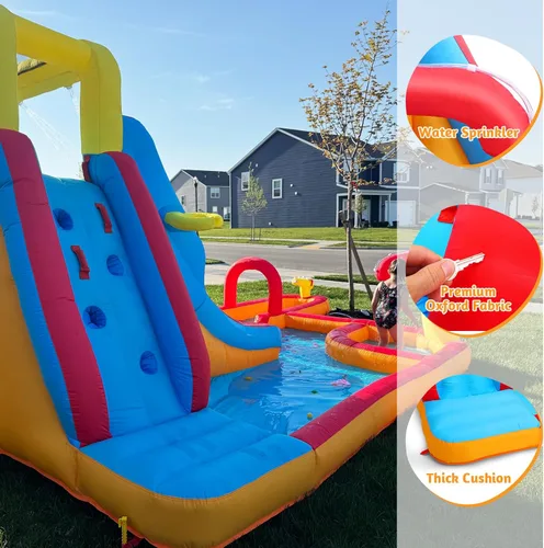 Miniatura 5 de Mega parque inflable de toboganes de agua, gran casa de rebote para niños de 5 a 12 años, tobogán acuático con pared de escalada, dos toboganes