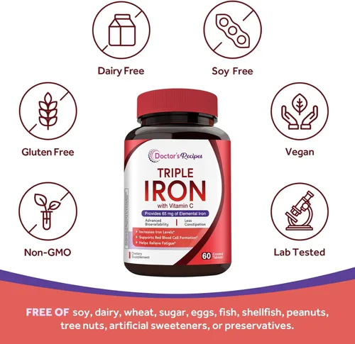 Miniatura 5 de Doctor's Recipes Suplemento de hierro para mujeres y hombres, 65 mg de sulfato de bisglicinato ferroso carbonil hierro, no estreñimiento, vitamina C