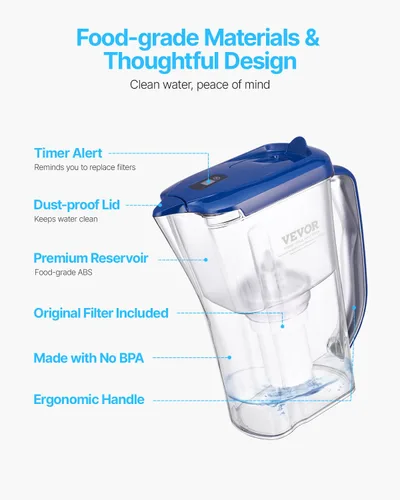 Miniatura 6 de Jarra con Filtro de Agua VEVOR, Dispensador de Filtro de Agua de 5 Etapas de 9 Tazas, Sistema de Filtración Rápida con Indicador de Cambio