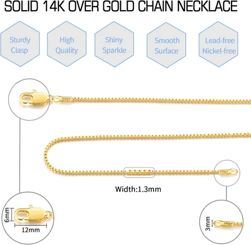 Miniatura 4 de Jewlpire Collar de cadena italiana de 0.051 in de oro macizo de 14 quilates sobre plata de ley 925 para mujeres y niñas, cadena de caja italiana