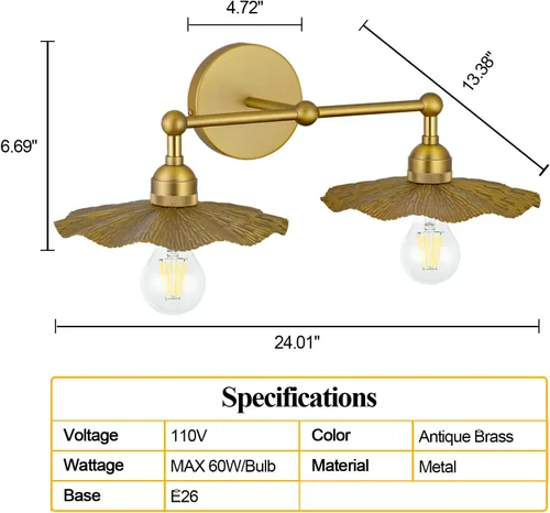 Miniatura 3 de PASSICA DECOR Lámpara de pared con cable de 2 cabezales, lámpara de pared para interiores, latón antiguo, 2 luces con pantalla de flores, accesorio