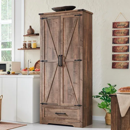 Gabinete de despensa de cocina estilo granja - Gabinetes de almacenamiento de cocina de madera de 72" de alto con estantes ajustables y 2 puertas de