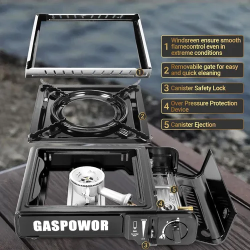 Miniatura 6 de Estufa de camping portátil de combustible dual Propane or Butane, 10,000 BTU, Automatic Ignition, Carrying Case & Windblocker, Emergency