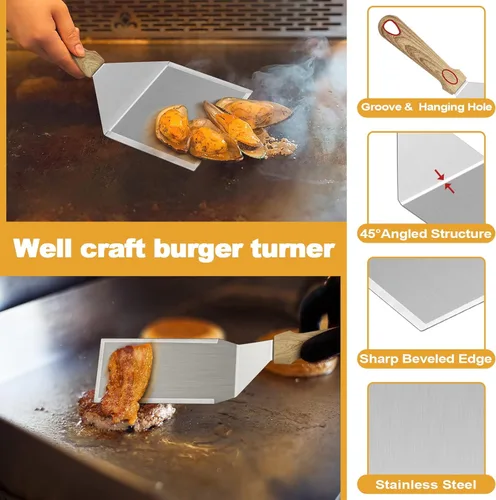 Miniatura 4 de HaSteeL - Juego de 5 espátulas de metal, kit de accesorios de plancha resistente, de acero inoxidable duradero, para hamburguesas, espátulas