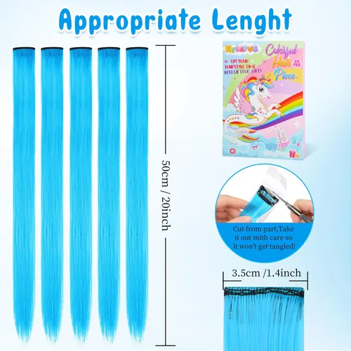 Miniatura 3 de Kyerivs 24 Extensiones de Cabello Azul de 20 Pulgadas con Pinza Arcoíris, Extensiones Sintéticas Lacias para Niñas, Accesorios de Cabello Coloridos