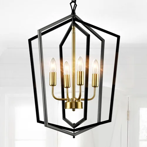 WJShome 46 cm de diámetro Candelabro negro y dorado, lámpara de comedor estilo granja de 4 luces, lámparas modernas de vestíbulo, lámpara colgante