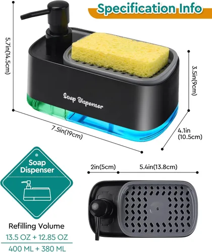 Miniatura 6 de Juego de dispensador de jabón para platos de cocina, dispensador de jabón para platos y manos con soporte para esponja, esponja de encimera 3 en 1
