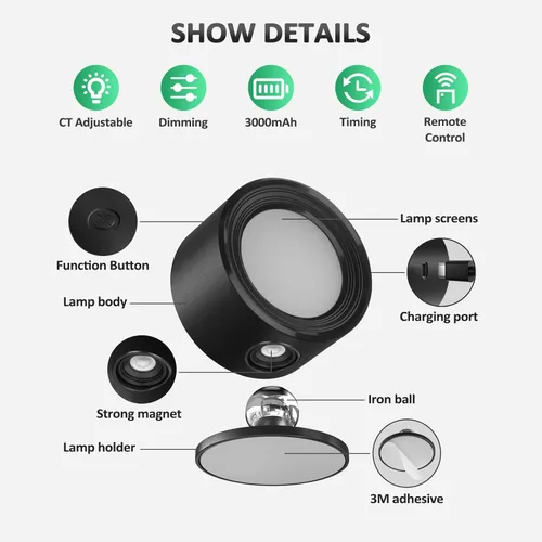 Miniatura 7 de Lightbiz Luces LED Montadas en Pared 3 Piezas con Control Remoto, Lámpara de Apliques de Pared Batería Recargable de 3000mAh Operada por Batería, 3