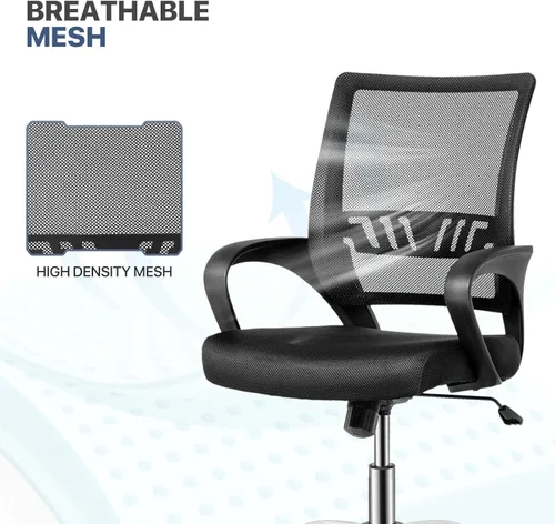 Miniatura 7 de MoNiBloom Silla de oficina de malla negra + alfombrilla para silla, silla giratoria ergonómica con respaldo medio con soporte lumbar y reposabrazos