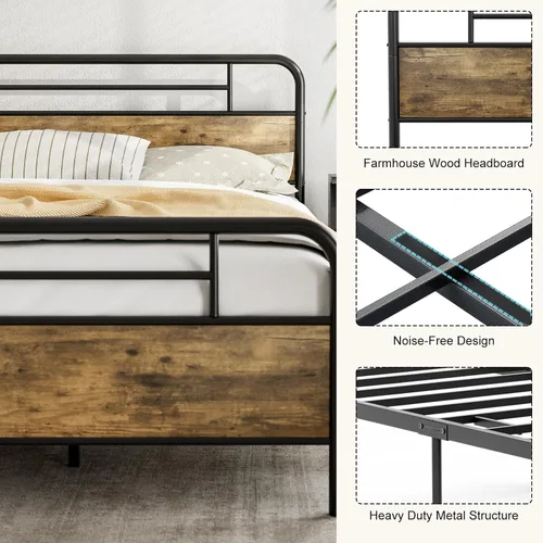 Miniatura 6 de IKIFLY Base de cama California King con cabecero de madera, cama de plataforma de metal California King, listones de acero resistente