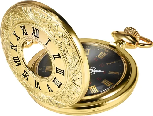 Miniatura 10 de Reloj de bolsillo vintage de acero para hombre con cadena, Negro