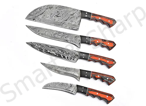 Miniatura 5 de Juego de cuchillos de chef de Damasco hechos a mano personalizados/cuchillos de cocina Juego de 5 piezas SS-17211 (madera de color naranja y negro)