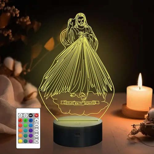 Attivolife Luz Nocturna de Ilusión 3D de Jesús, Lámpara LED Óptica del Sagrado Corazón de Jesús con 16 Cambios de Color, Control Remoto + Jesús2