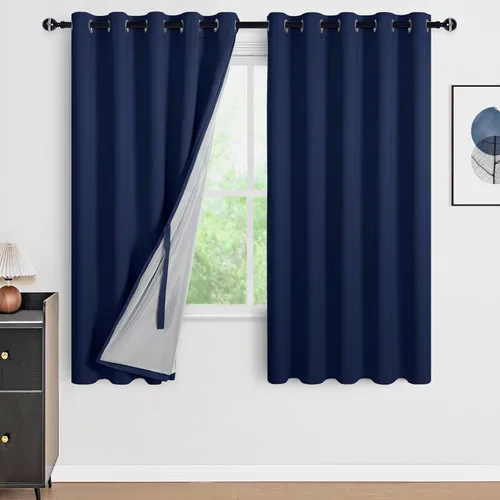 Miniatura 68 de DWCN Cortinas 100% opacas de 84 pulgadas de largo para dormitorio con forro negro, paneles de cortina de ventana de doble capa con aislamiento Azul