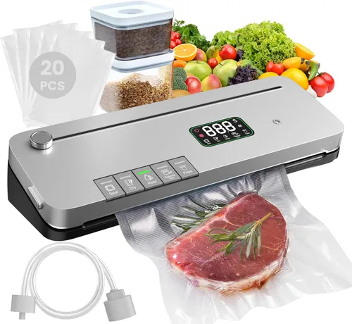 Miniatura 10 de Máquina selladora al vacío de alimentos, succión fuerte de 75 KPa, temporizador digital, cortador integrado, función de pulso, modos seco y húmedo