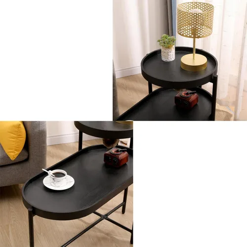 Miniatura 4 de Mesa auxiliar redonda de 2 niveles con extremo de café irregular, mesa pequeña con marco de metal para sala de estar, dormitorio (negro)