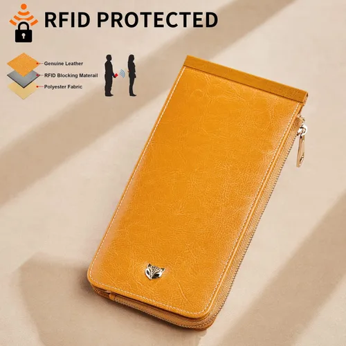 Miniatura 6 de FOXLOVER Cartera de cuero con bolsillo con cremallera para mujer con bloqueo RFID, Amarillo, Classic