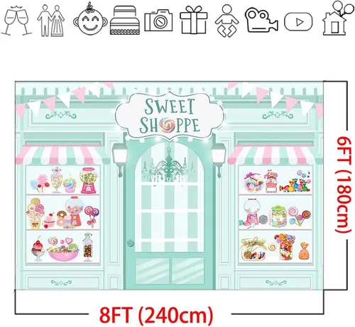 Miniatura 4 de Mocsicka Sweet Shoppe Telón de Fondo Salón de Postres para Decoraciones de Fondo de Fiesta de Cumpleaños de Niña Decoración de Mesa de Pastel de Azul