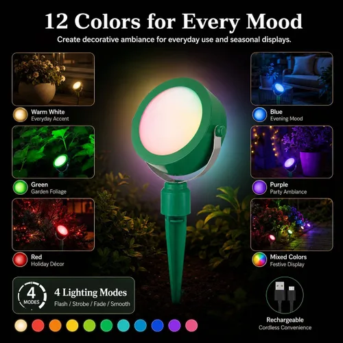 Miniatura 2 de Luz de paisaje inalámbrica recargable, iluminación de jardín que cambia de color, foco impermeable al aire libre con control remoto, utilizado