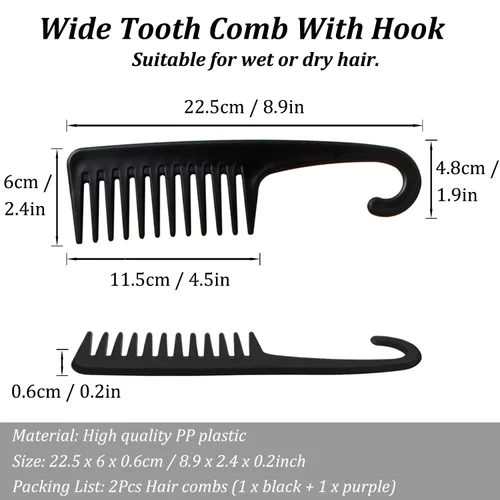 Miniatura 2 de Peine de dientes anchos y grandes, 2 piezas, peines de ducha con gancho para cabello rizado mojado, peines de cepillo de pelo grande premium