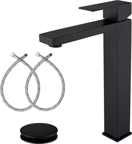 Grifo de Fregadero de Recipiente Negro Mate, Grifo de Baño Alto de Un Solo Agujero para Fregadero de Recipiente, Grifo de Acero Inoxidable Negro