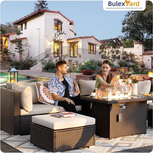 Miniatura 9 de BULEXYARD Juego de 7 piezas de muebles de patio con respaldo alto con mesa para fogata de propano/gas natural de doble combustible, sofá seccional