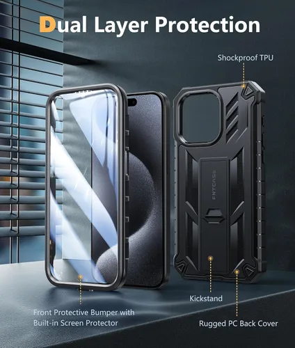 Miniatura 7 de FNTCASE Funda para iPhone 15-Pro-Max: Cubierta protectora resistente de grado militar a prueba de caídas para teléfono celular con soporte y Negro