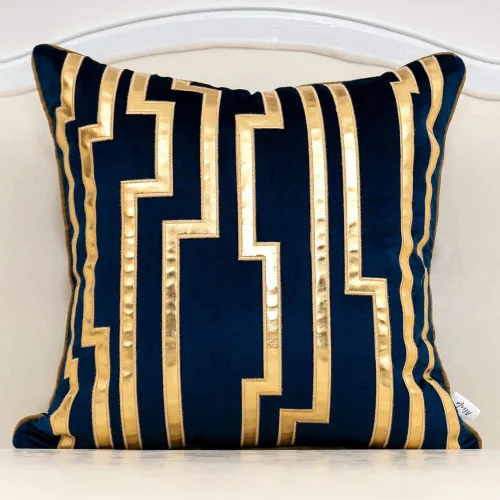 Funda para cojín Alerfa de 18x18 pulgadas, de cuero dorado con rayas, azul marino, lujosa, geométrica, bordada, de terciopelo, decorativa para sofá,