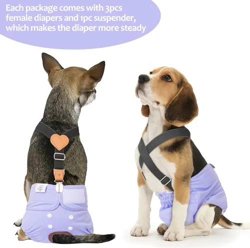 Miniatura 3 de CuteBone Pañales para perras, paquete de 3 pañales reutilizables para perras con un tirante para perros pequeños, medianos y grandes, BDD01L