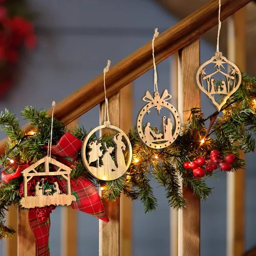 Miniatura 5 de Juego de 24 adornos de madera para árbol de Navidad, decoración religiosa del nacimiento de Jesús, decoración colgante para familia cristiana (forma)